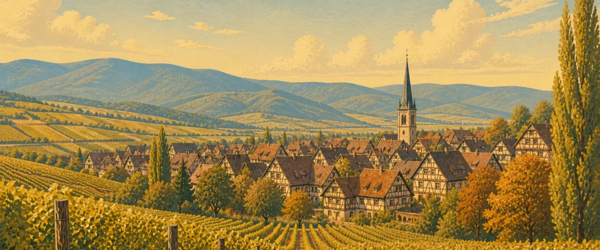 Vintage poster landscape of Alsace wine country
