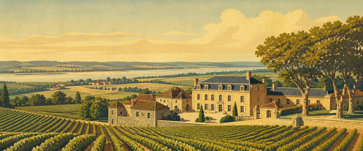 Vintage poster landscape of Bordeaux wine country
