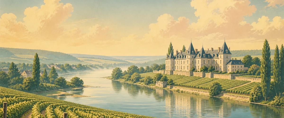 Vintage poster landscape of Loire Valley wine country