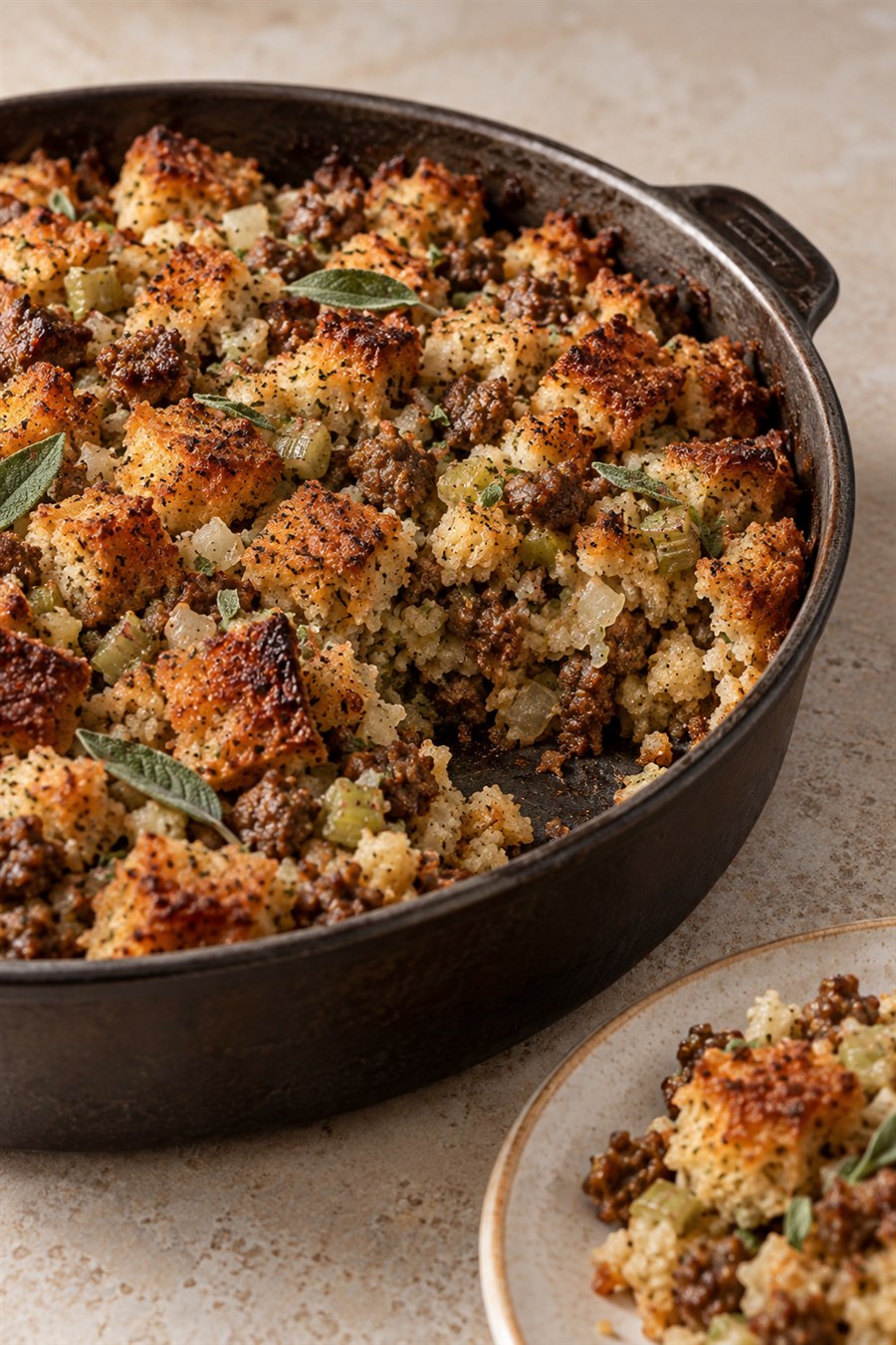 Sausage-and-sage stuffing in a dark roasting pan