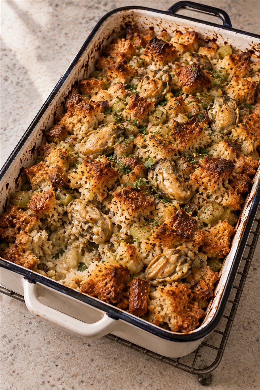 Oyster stuffing in a roasting pan