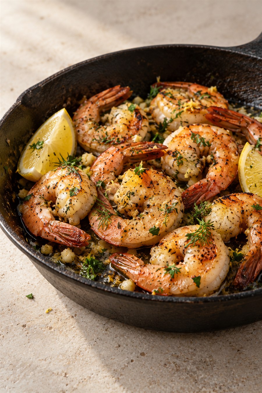 Lemon-herb prawns in a skillet
