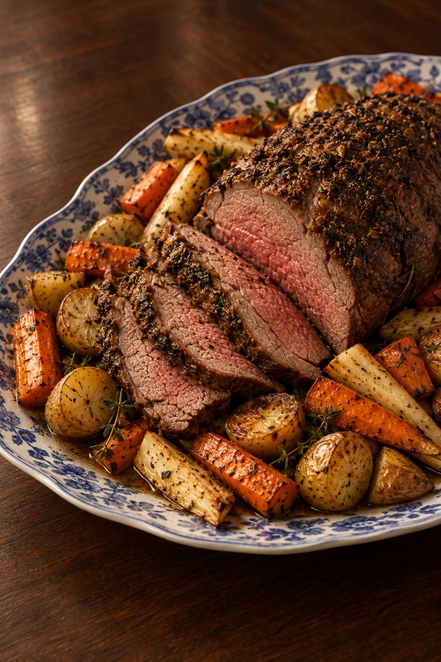 Roast beef with browned root vegetables