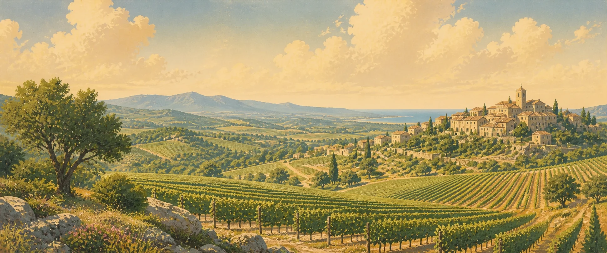 Vintage poster landscape of Languedoc-Roussillon wine country