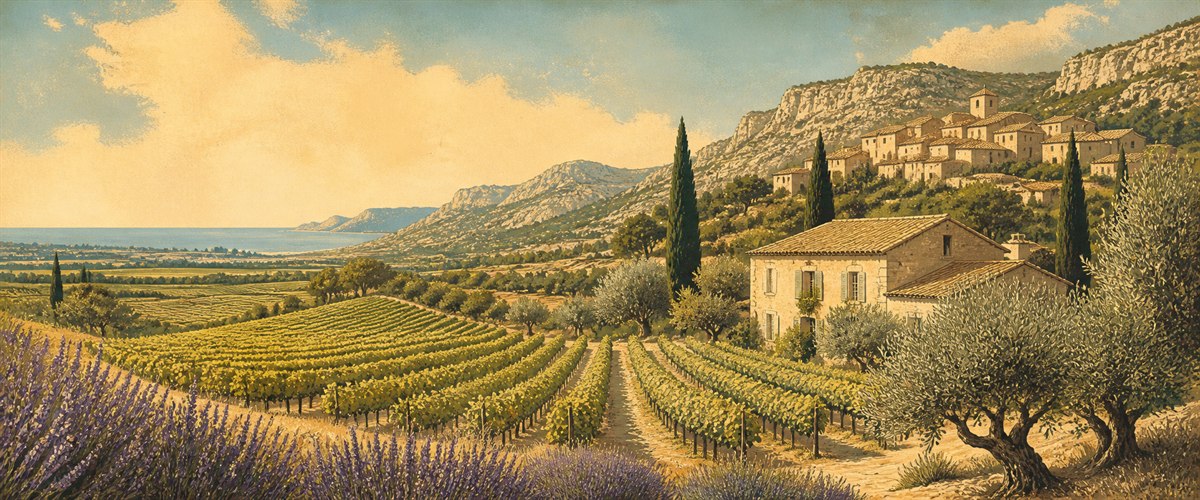 Vintage poster landscape of Provence wine country