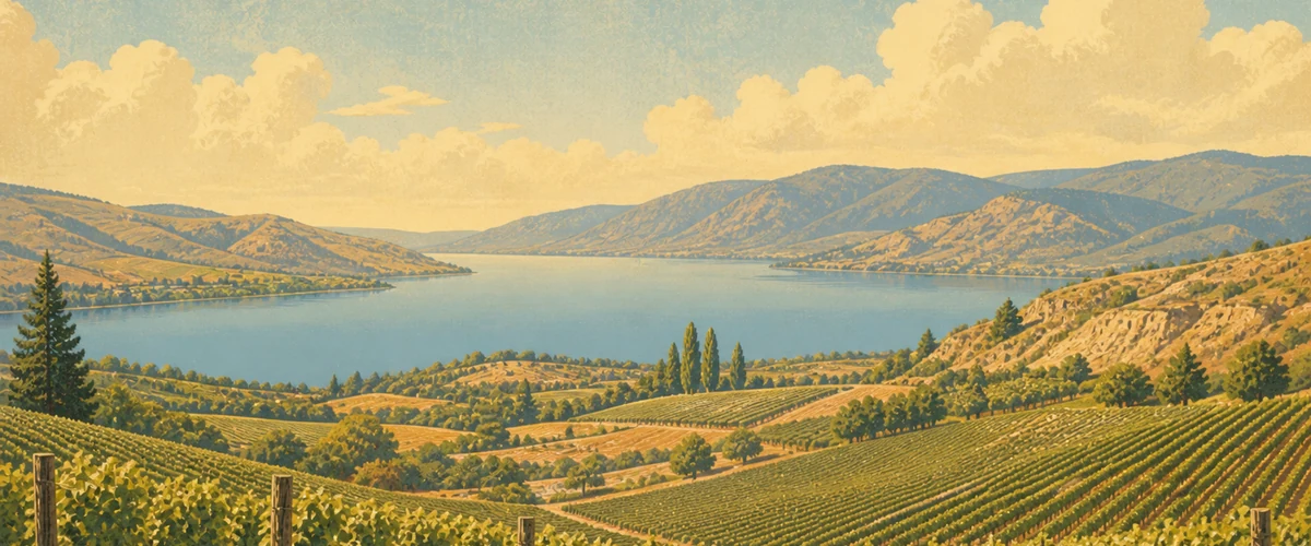 Vintage poster landscape of Okanagan Valley wine country