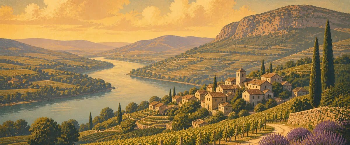 Vintage poster landscape of the Rhone wine valley
