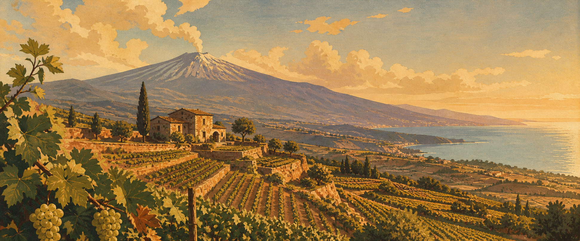 Vintage poster landscape of Sicily wine country