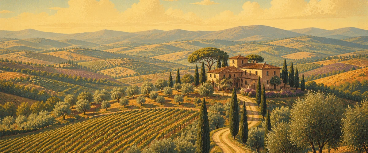 Vintage poster landscape of Tuscany wine country